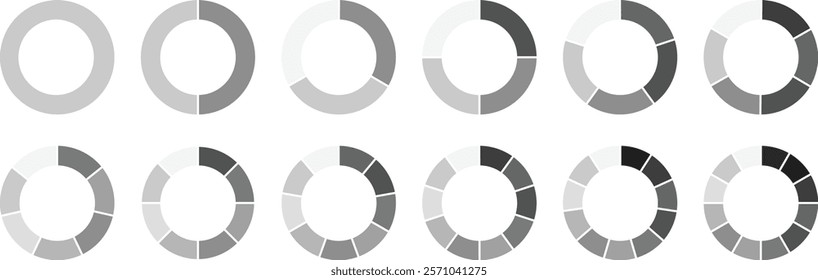 Circle division infographic icon set. Pie chart divided 4,5,6 equal parts. Color ring or donut round diagram. pie chart set. Infographic wheel segment and fraction. loading icon set.