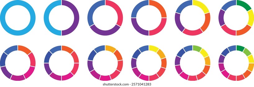 Circle division infographic icon set. Pie chart divided 4,5,6 equal parts. Color ring or donut round diagram. pie chart set. Infographic wheel segment and fraction