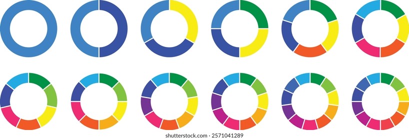 Circle division infographic icon set. Pie chart divided 4,5,6 equal parts. Color ring or donut round diagram. pie chart set. Infographic wheel segment and fraction