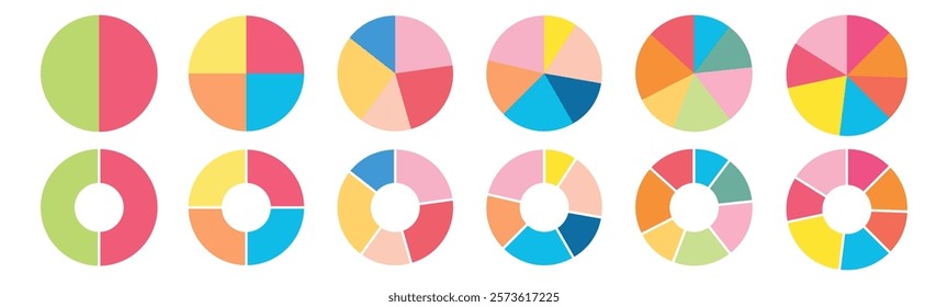 Circle division infographic icon set. Pie chart divided 4,5,6 equal parts. Color pizza or donut round diagram. Infographic wheel segment and fraction. Vector illustration isolated on white background.