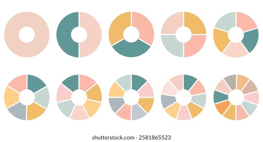 Circle division infographic icon set. Pie chart divided 1,2,3,4,5,6,7,8,9,10, equal parts. donut round diagram. Infographic wheel segment and fraction. Vector illustration 