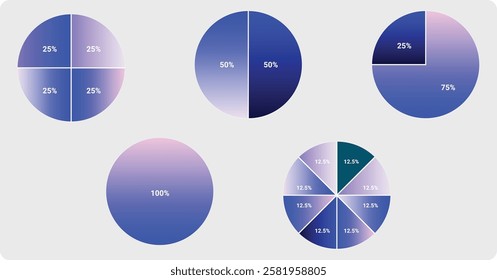 Circle division infographic icon set. Pie chart divided in equal parts. Color pizza, donut round diagram. Infographic wheel segment and fraction. Vector illustration in gradient