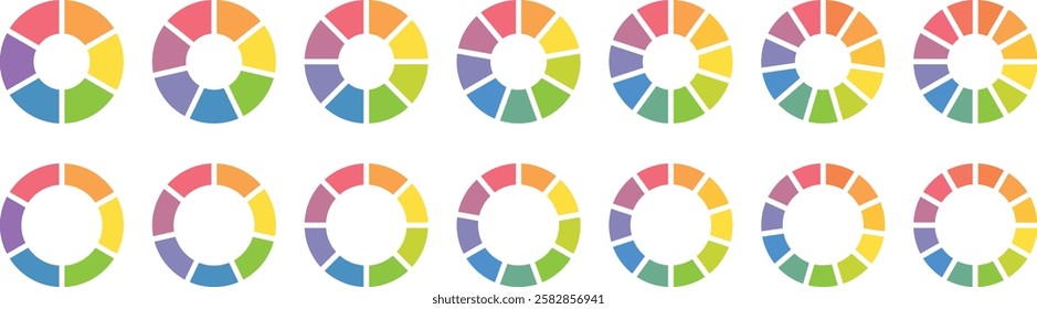 Circle division infographic icon set. Pie chart divided 4,5,6 equal parts. Pie chart set. Color pizza or donut round diagram. Circle section graph. Infographic wheel segment and fraction.