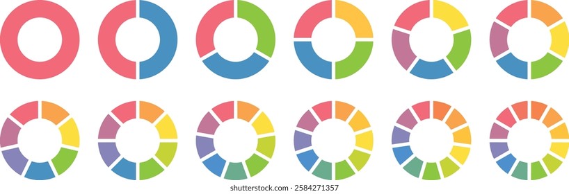 Circle division infographic icon set. Pie chart divided 4,5,6 equal parts. Circle section graph. Pie chart set. Color pizza or donut round diagram. Infographic wheel segment.