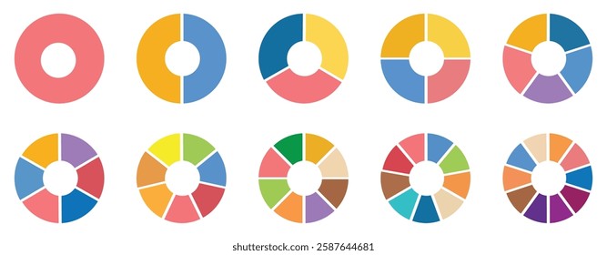 Circle division infographic icon set. Pie chart divided 1,2,3,4,5,6,7,8,9,10, equal parts. Color pizza or donut round diagram. Infographic wheel segment and fraction. Vector illustration 