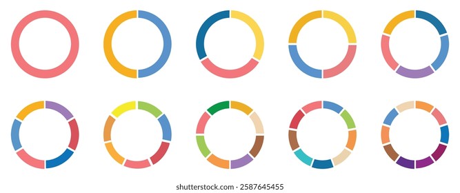 Circle division infographic icon set. Pie chart divided 4,5,6 equal parts. Color pizza or donut round diagram. Vector illustration