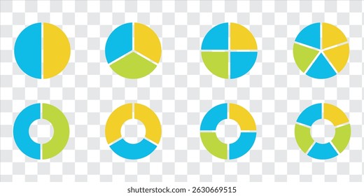 Circle division infographic icon set. Pie chart divided. Color pizza or donut round diagram. Infographic wheel segment and fraction. Vector illustration isolated on white background