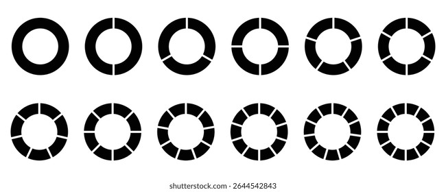 Circle division infographic icon set. Flat process cycle. Progress sectors. business elements and statistics with numbers. Pizza or donut round diagram. Infographic wheel segment and fraction. Vector 