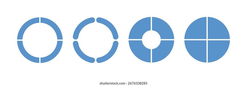 Conjunto de iconos de infografía de división de círculo. Gráfico circular dividido en cuatro partes iguales. Anillo azul, diagrama redondo de la rosca. Infografía del segmento y fracción de la rueda. Ilustración vectorial aislada sobre fondo blanco.