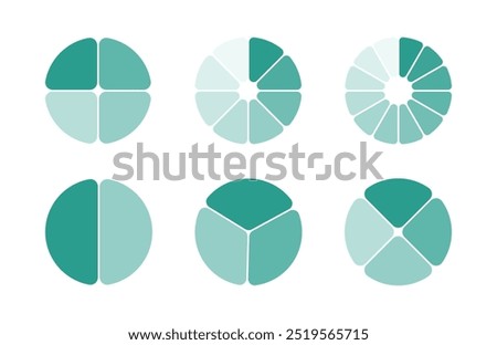 Circle division infographic icon set. Pie chart divided 2, 3, 4, 8, 12 equal parts. Infographic wheel segment and fraction. Vector illustration isolated on white background.