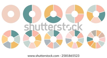 Circle division infographic icon set. Pie chart divided 1,2,3,4,5,6,7,8,9,10, equal parts. donut round diagram. Infographic wheel segment and fraction. Vector illustration 