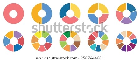 Circle division infographic icon set. Pie chart divided 1,2,3,4,5,6,7,8,9,10, equal parts. Color pizza or donut round diagram. Infographic wheel segment and fraction. Vector illustration 