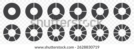 Circle division infographic icon set. Pie chart divided 7,8,9 equal parts. Pizza or flower round diagram. Infographic wheel segment and fraction. Vector illustration isolated on Transparent Background