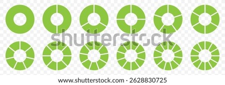 Circle division infographic icon set. Pie chart divided 7,8,9 equal parts. Pizza or flower round diagram. Infographic wheel segment and fraction. Vector illustration isolated on Transparent Background