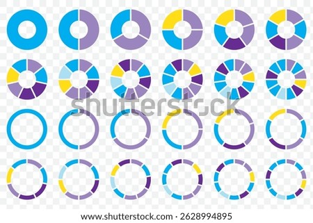 Circle division infographic icon set. Pie chart divided 4,5,6 equal parts. Color pizza or donut round diagram. Infographic wheel segment and fraction. Vector illustration isolated. EPS 10.