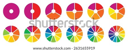 Circle division infographic icon set. Pie chart divided 8,9,10 equal parts. Pizza or donut round diagram. Infographic wheel segment and fraction. Vector illustration isolated on white background.