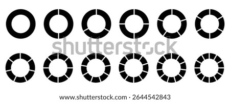 Circle division infographic icon set. Flat process cycle. Progress sectors. business elements and statistics with numbers. Pizza or donut round diagram. Infographic wheel segment and fraction. Vector 