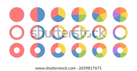 Circle division infographic icon set. Pie chart divided 3,4,5,6 equal parts. Color pizza, donut round diagram. Infographic wheel segment and fraction. Vector illustration isolated on white background.