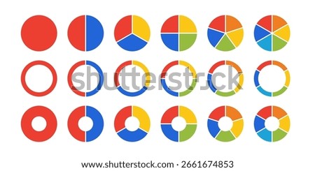 Circle division infographic icon set. Pie chart divided 3,4,5,6 equal parts. Color pizza, donut round diagram. Infographic wheel segment and fraction. Vector illustration isolated on white background.