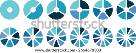 Circle division infographic icon set. Pie chart divided 1,2,3,4,5,6 equal parts. Color pizza or donut round diagram. Infographic wheel segment and fraction. Vector illustration