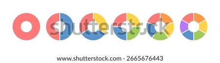 Circle division infographic icon set. Pie chart divided 3,4,5,6 equal parts. Color ring, donut round diagram. Infographic wheel segment and fraction. Vector illustration isolated on white background.