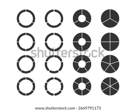 Circle division infographic icon set. Pie chart divided 3,4,5,6 equal parts. Color pizza, donut round diagram. Infographic wheel segment and fraction. Vector illustration isolated on white background.
