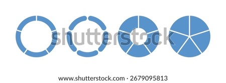 Circle division infographic icon set. Pie chart divided five equal parts. Blue ring, donut round diagram. Infographic wheel segment and fraction. Vector illustration isolated on white background.