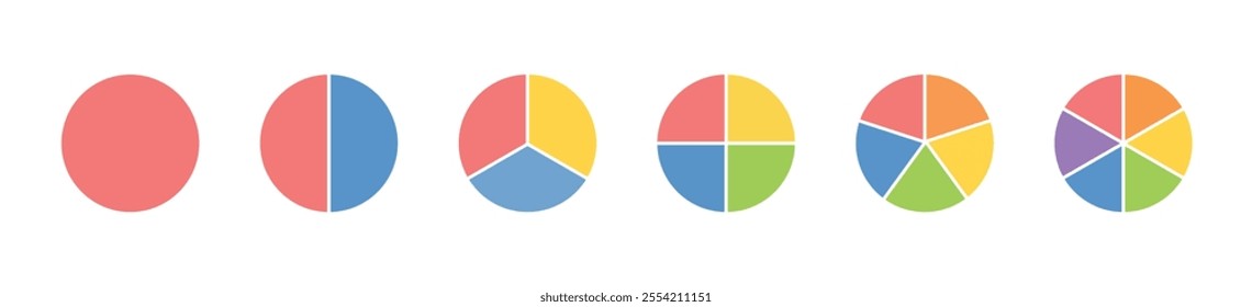 Circle division infographic isolated icon set in colors style. Pie chart divided in 6 parts. Infographic wheel segments and fraction. Divided circle sections set in colors. Color pizza or Donut.