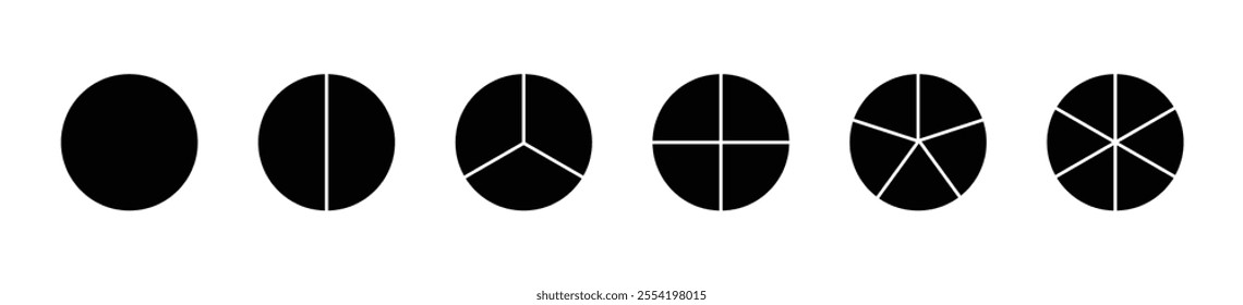 Circle division infographic isolated set in black color. Pie chart divided in 6 parts. Infographic wheel segments and fraction. Divided circle sections set in black color.