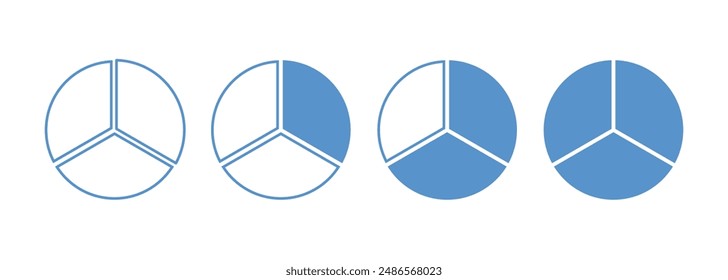 Circle division infographic loading icon. Pie chart divided 3 equal parts. Pizza or donut round diagram. Infographic circular wheel fraction. Vector illustration isolated on white background.