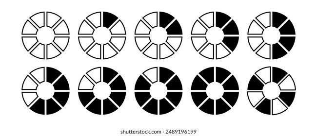 Circle division infographic loading icon. Pie chart divided 8 equal parts. Pizza or donut round diagram. Infographic circular wheel fraction. Vector illustration isolated on white background.