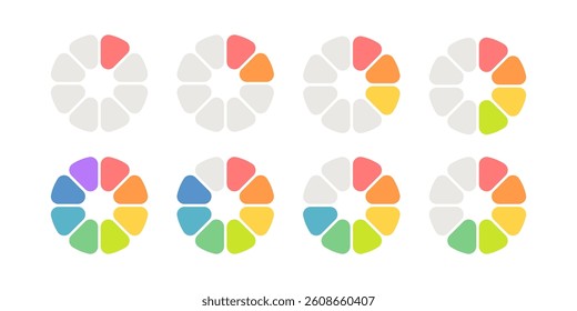 Circle division infographic loading set. Pie chart divided 8 equal parts. Pizza or orange round load diagram. Infographic eight segment and fraction. Vector illustration isolated on white background.
