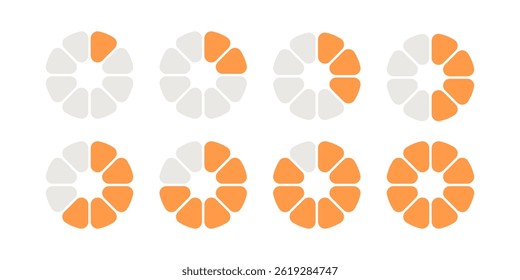 Circle division infographic loading set. Pie chart divided 8 equal parts. Pizza or orange round load diagram. Infographic eight segment and fraction. Vector illustration isolated on white background.