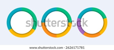 Circle division infographic. Pie chart divided 3-5 equal parts. Color pizza or donut round diagram. Infographic wheel segment and fraction.
