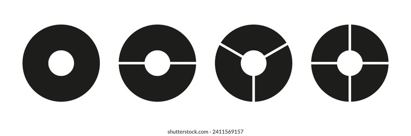 División circular de 1, 2, 3, 4 partes iguales. Diagrama dividido en rueda con uno, dos, tres, cuatro segmentos. Conjunto de infografías. Coaching en blanco. Ilustración vectorial.