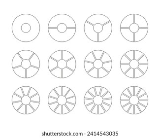 Circle division on 1, 2, 3, 4, 5, 6, 7, 8, 9, 10, 11, 12 equal parts. Wheel round divided diagrams with segments. Coaching blank. Diagram infographic set. Pie chart simple icons. Vector template. Eps.