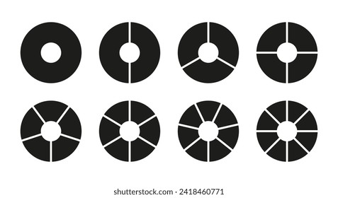 Circle division on 1, 2, 3, 4, 5, 6, 7, 8 equal parts. Wheel divided diagrams with one, two, three, four, five, six, seven, eight segments. Infographic vector set. Coaching blank. Circle section graph