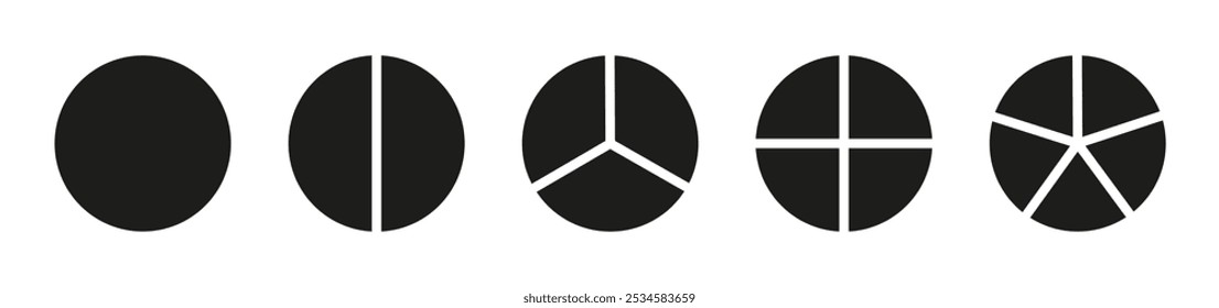 Circle division on 1, 2, 3, 4, 5 equal parts. Infographic minimalist set. Coaching blank. Pie, pizza chart template. Wheel round divided diagrams with one, two, three, four, five segments. 