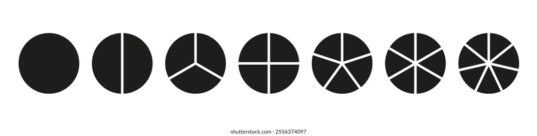 Circle division on 1, 2, 3, 4, 5, 6, 7 equal parts. Infographic minimalist set. Coaching blanks. Pie, pizza charts. Wheel round divided diagrams with one, two, three, four, five, six, seven segments.