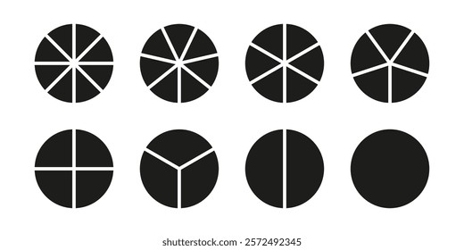 Circle division on 1, 2, 3, 4, 5, 6, 7, 8 equal parts. Set of infographic minimalist icons. Coaching blank mockup. Pie, pizza chart layout. Wheel round divided diagrams from one to eight segments.