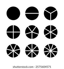 Circle division on 1, 2, 3, 4, 5, 6, 7, 8, 9 equal parts. Infographic minimalist black layout. Wheel round divided diagrams from one to nine segments. Coaching simple blank. Pie, pizza chart mockup. 