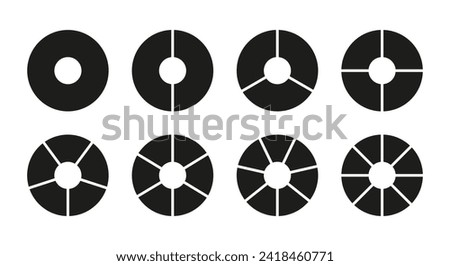 Circle division on 1, 2, 3, 4, 5, 6, 7, 8 equal parts. Wheel divided diagrams with one, two, three, four, five, six, seven, eight segments. Infographic vector set. Coaching blank. Circle section graph