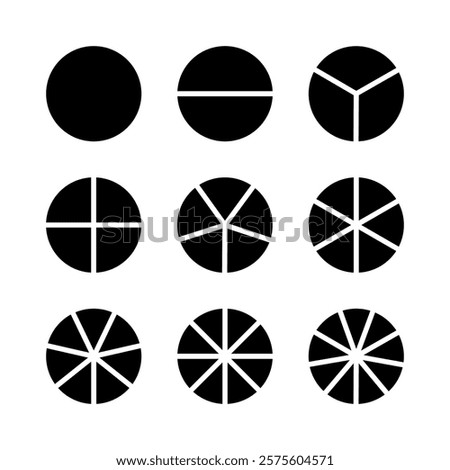 Circle division on 1, 2, 3, 4, 5, 6, 7, 8, 9 equal parts. Infographic minimalist black layout. Wheel round divided diagrams from one to nine segments. Coaching simple blank. Pie, pizza chart mockup. 