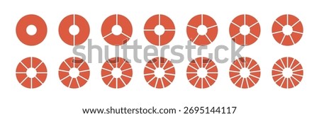 Circle division on 1, 2, 3, 4, 5, 6, 7, 8, 9, 10, 11, 12, 13, 14 equal parts. Wheel life round divided diagrams with segments. Blank infographic progress icons. Coaching tool. Segmented pinwheel red.