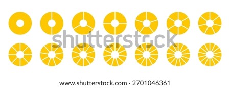 Circle division on 1, 2, 3, 4, 5, 6, 7, 8, 9, 10, 11, 12, 13, 14 equal parts. Coaching tool. Wheel life round divided diagrams with segments. Segmented pinwheel yellow. Infographic blank progress icon
