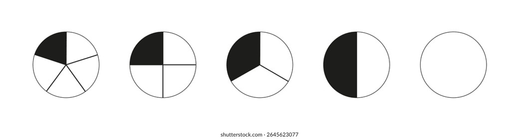 Circle division on from 1 to 5 equal parts. Round divided diagrams with from one to five segments. Coaching blanks. Infographic patterns. Pizza, pie charts set. Segmented pinwheel. Outline graphics.