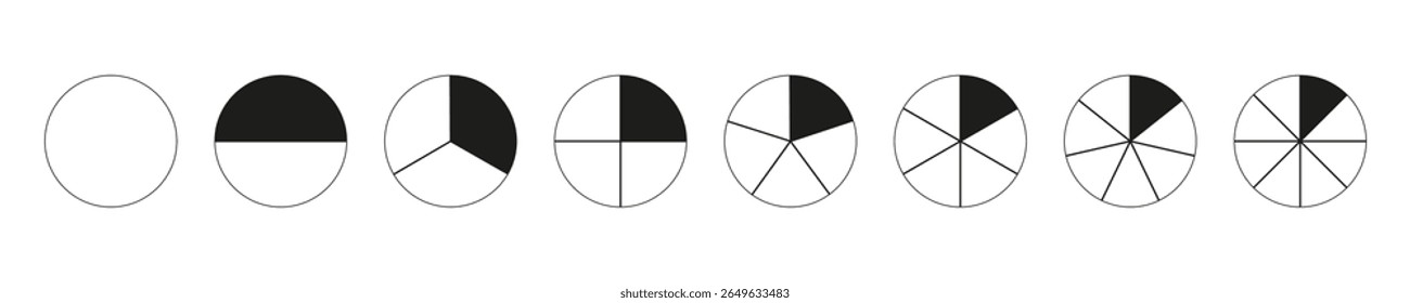 Circle division on from 1 to 8 equal parts. Pizza, pie charts. Round divided diagrams with from one to eight segments. Set of Infographic, coaching blanks. Segmented pinwheel black and white elements.
