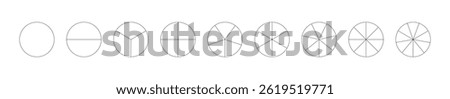 Circle division on from 1 to 9 equal parts. Round divided diagrams with from one to nine segments. Set of infographic icon. Coaching blank. Pizza, pie chart. Segmented pinwheel black. Outline graphics