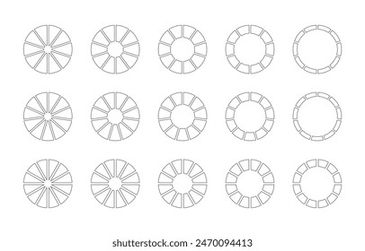 Círculo división en 10, 11, 12 partes iguales. Rueda redonda dividida diagramas diez, once, doce segmentos. Conjunto de infografía. Entrenamiento en blanco. Gráfico de sección. Iconos de pizzas. Gráficos de donut esquemático.