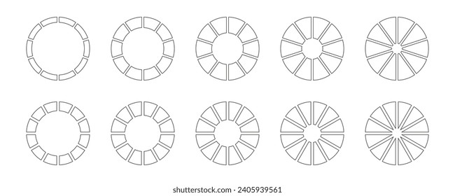 Circle division on 10, 12 equal parts. Wheel round divided diagrams with ten, twelve segments. Set of infographic. Coaching blank. Section graph line art. Pie, pizza chart icons. Outline donut charts.